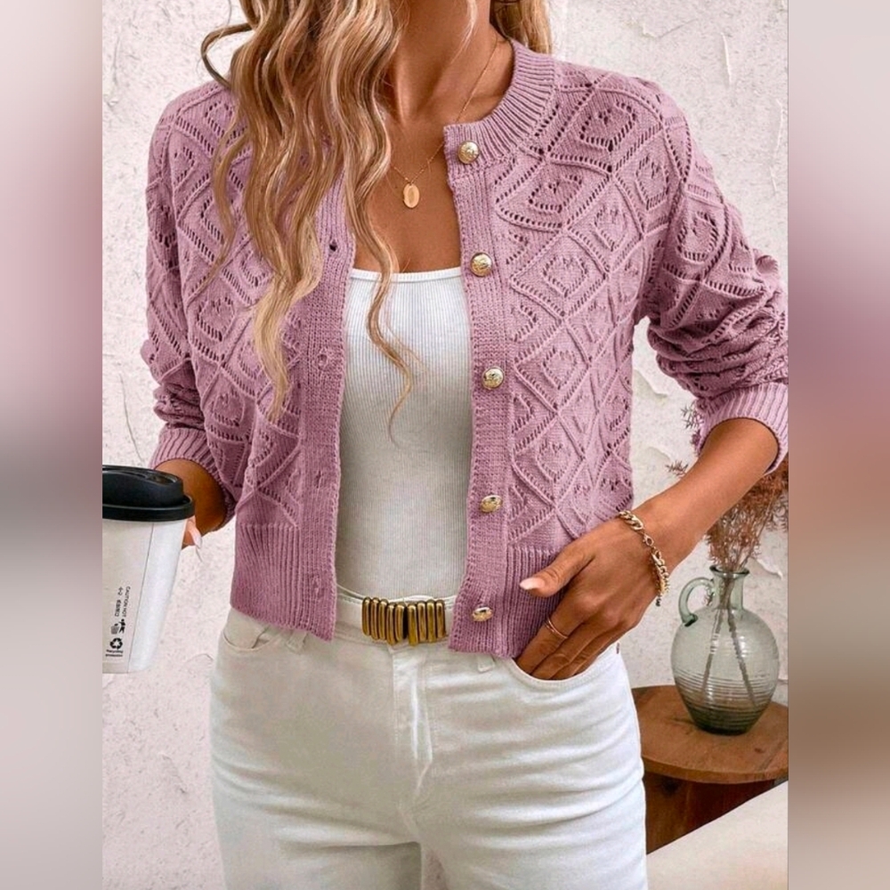 New Pointelle Knit Button Up Cardigan Sweater Muted Lavender Purple